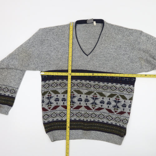 Invicta Men's Grey Fair Isle Wool Blend V-Neck Jumper Size L