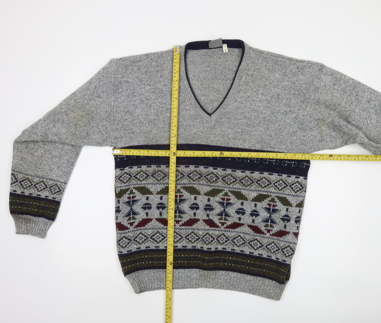 Invicta Men's Grey Fair Isle Wool Blend V-Neck Jumper Size L
