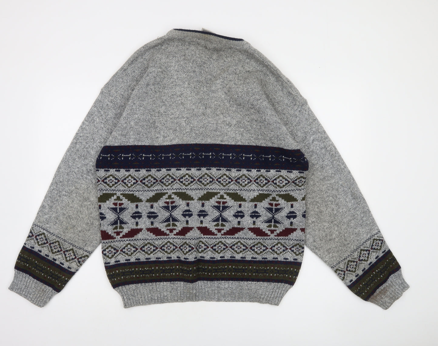 Invicta Men's Grey Fair Isle Wool Blend V-Neck Jumper Size L