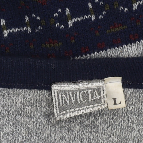 Invicta Men's Grey Fair Isle Wool Blend V-Neck Jumper Size L