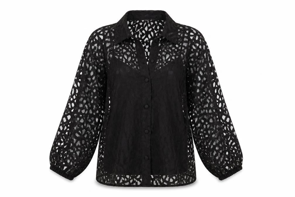 Front view of Savida Women’s Black Lace 3/4 Sleeve Collared Blouse, size UK 12