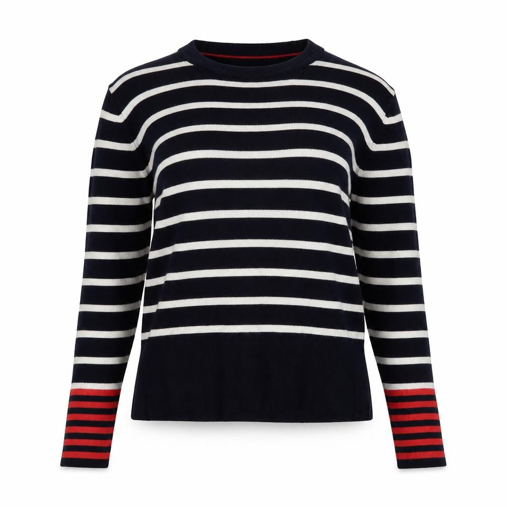 Front view of Warehouse Women’s Blue Striped Crew Neck Long Sleeve jumper, size UK 12