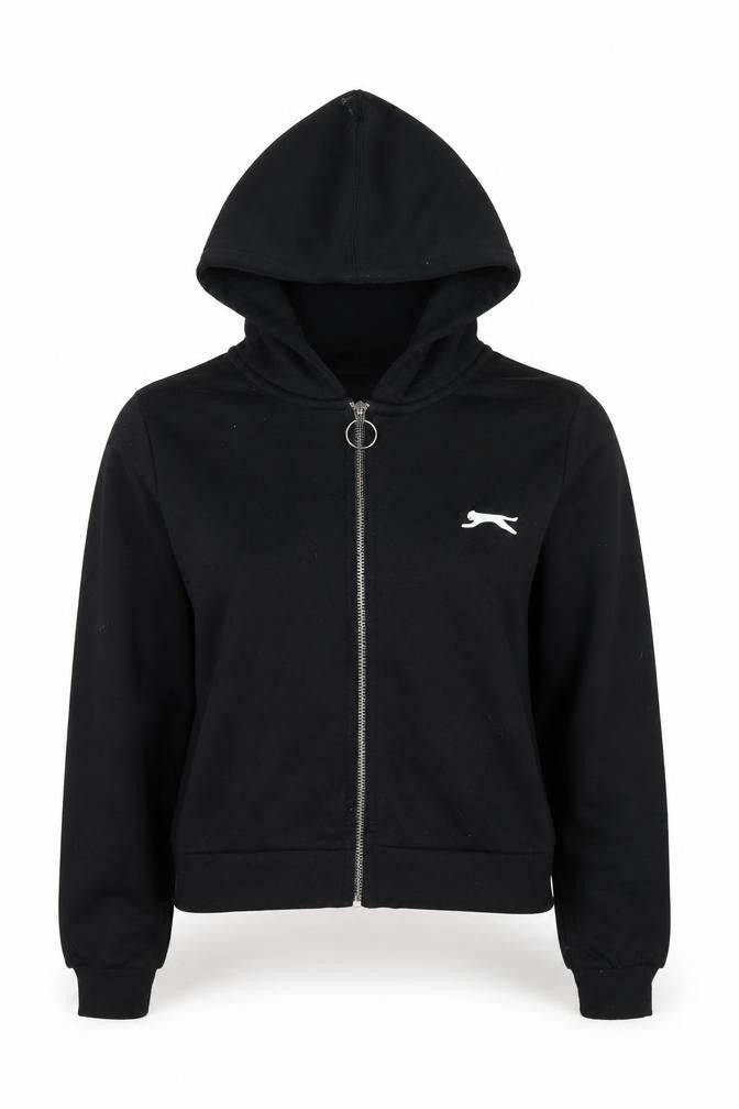 Front view of Slazenger women’s black cropped zip hooded jacket, size UK 8