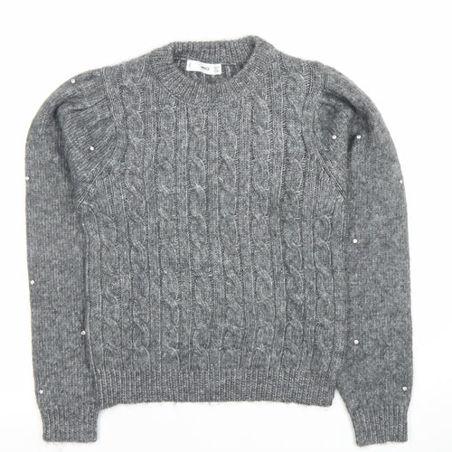 MNG Women's Grey Cable-Knit Beaded Pullover Jumper XS