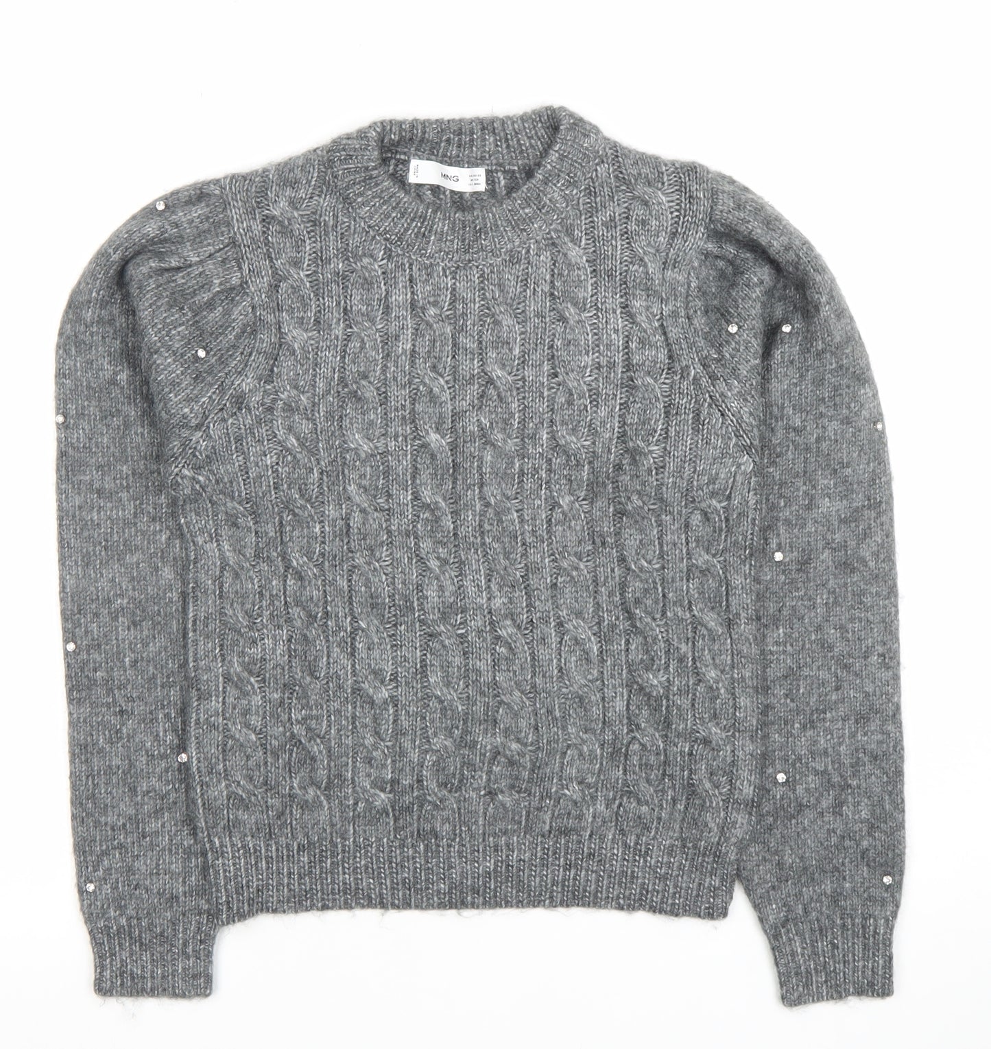 MNG Women's Grey Cable-Knit Beaded Pullover Jumper XS