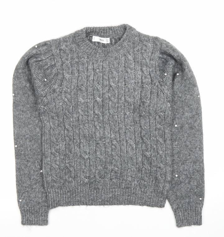 MNG Women's Grey Cable-Knit Beaded Pullover Jumper XS