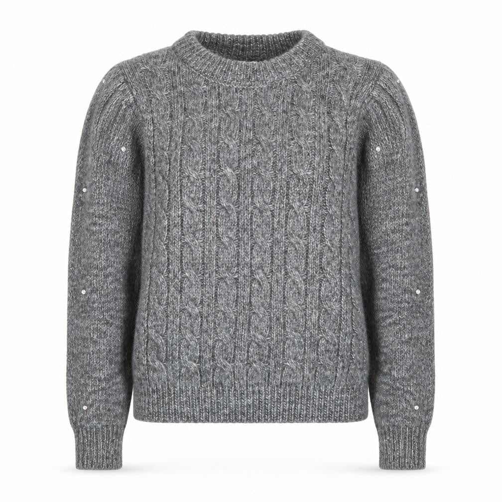 Front view of Mango Women's Grey Cable-Knit Beaded jumper XS