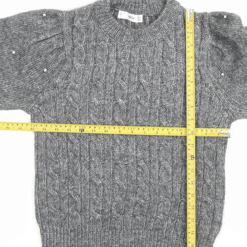 MNG Women's Grey Cable-Knit Beaded Pullover Jumper XS