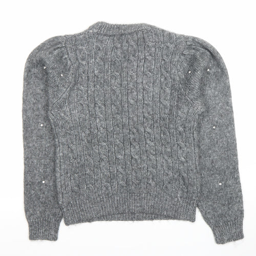 MNG Women's Grey Cable-Knit Beaded Pullover Jumper XS