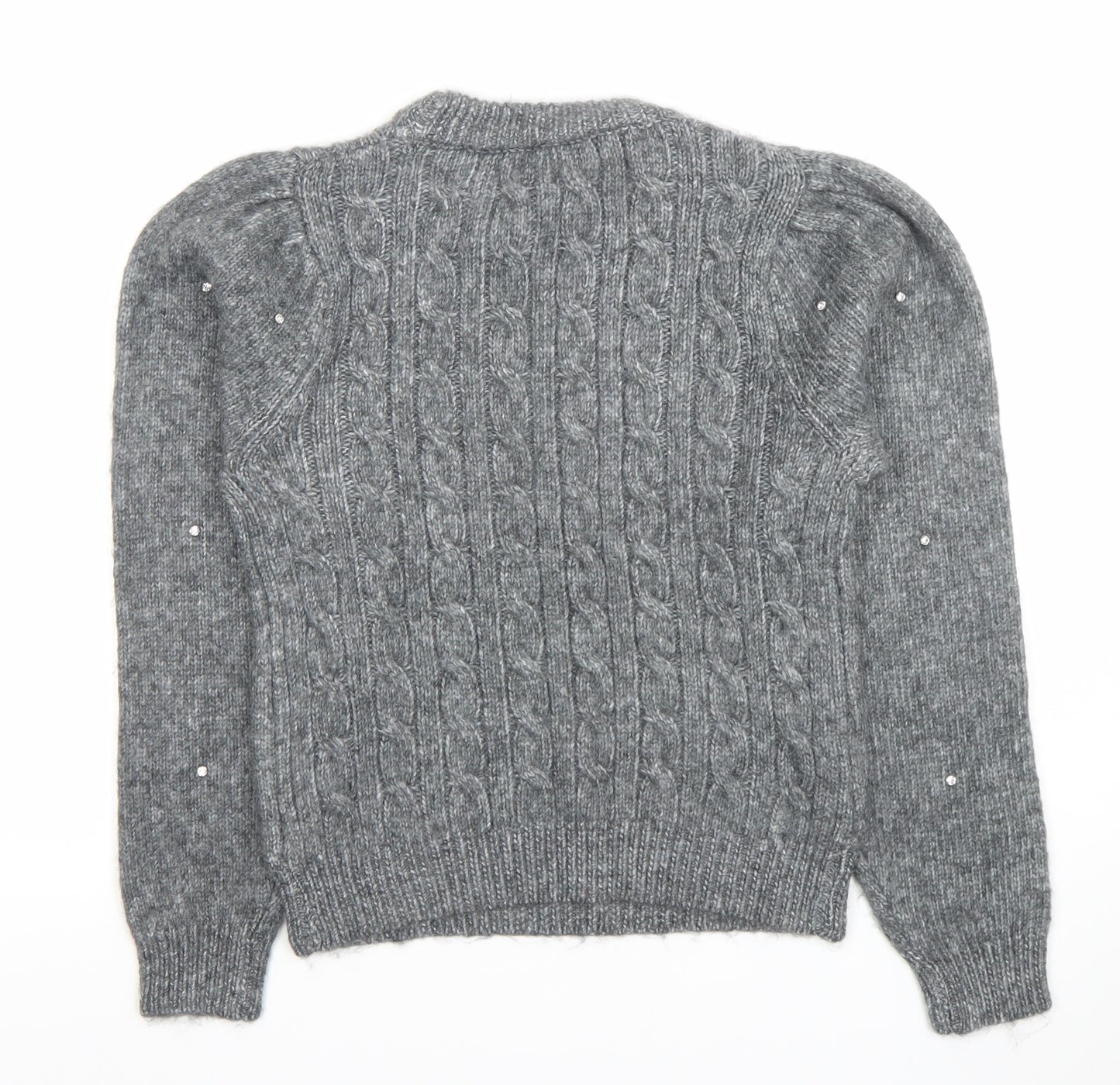MNG Women's Grey Cable-Knit Beaded Pullover Jumper XS