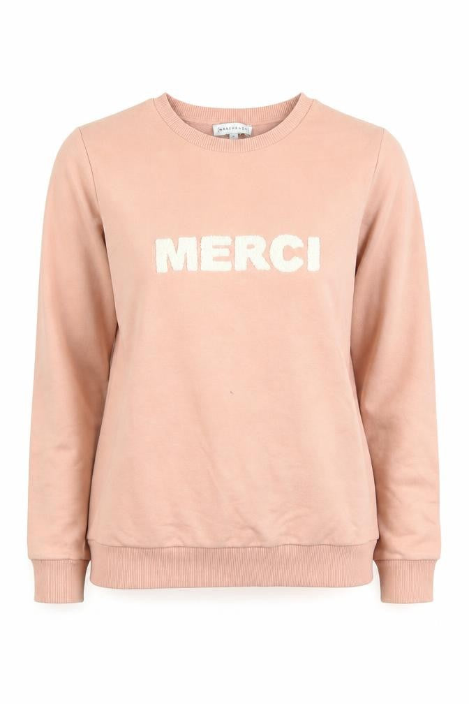 Front view of Warehouse women’s pink merci crew neck pullover sweatshirt, size S