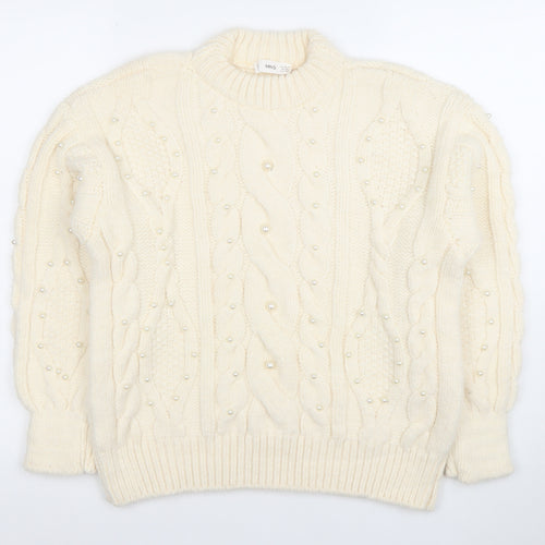 Mango Womens Ivory Cable-Knit Jumper XS Beaded Pearl Detail