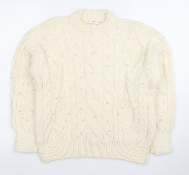 Mango Womens Ivory Cable-Knit Jumper XS Beaded Pearl Detail