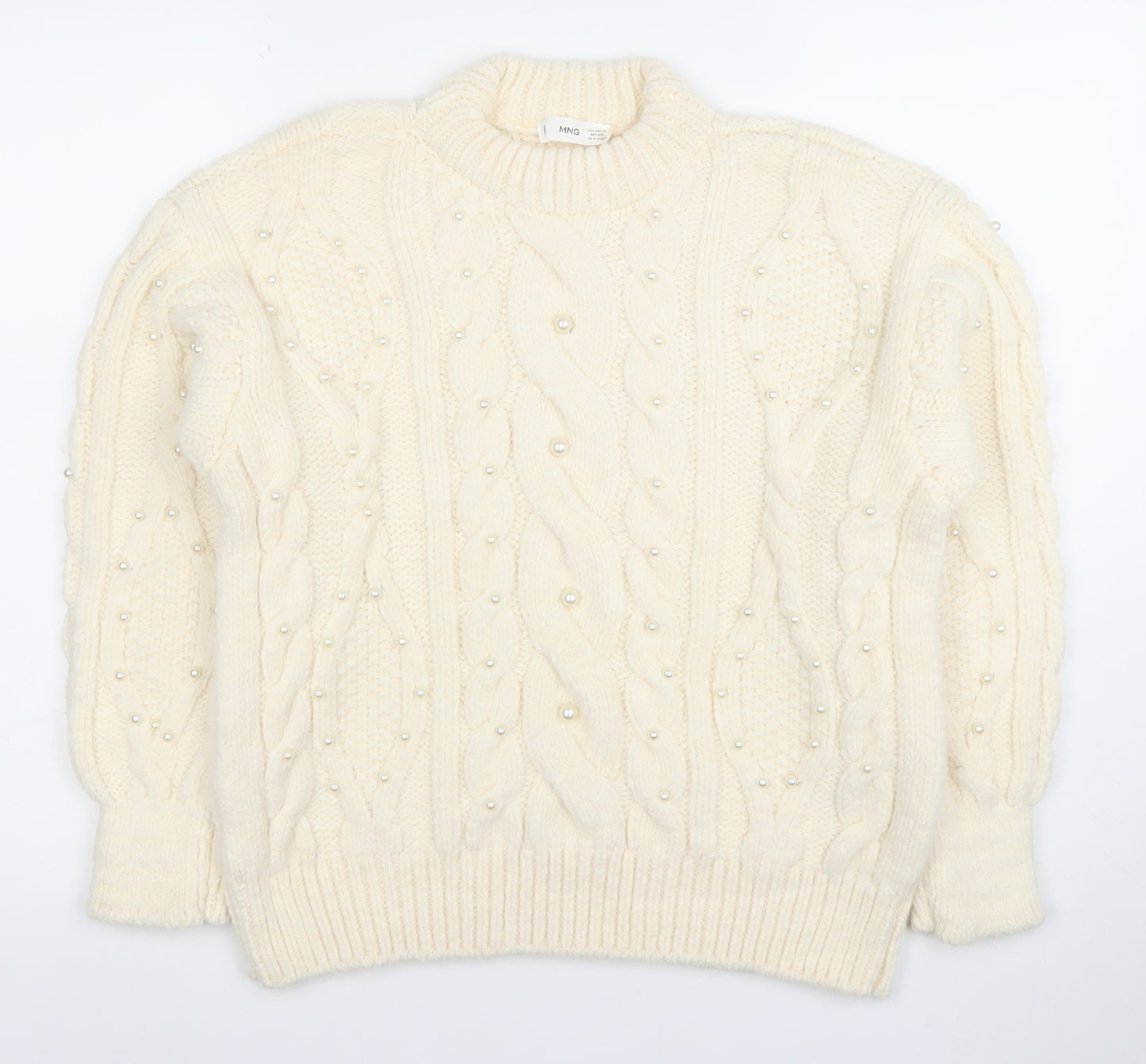 Mango Womens Ivory Cable-Knit Jumper XS Beaded Pearl Detail