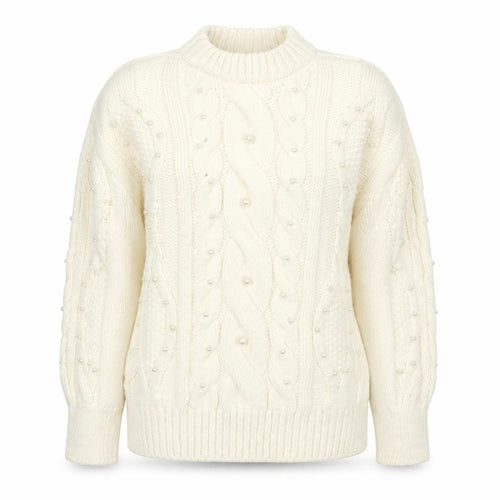 Mango Womens Ivory Cable-Knit Jumper XS Beaded Pearl Detail