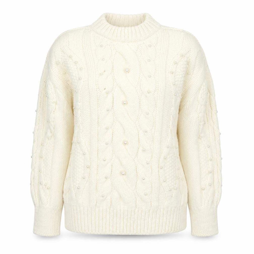 Mango Womens Ivory Cable-Knit Jumper XS Beaded Pearl Detail