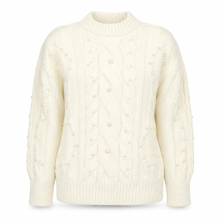 Mango Womens Ivory Cable-Knit Jumper XS Beaded Pearl Detail