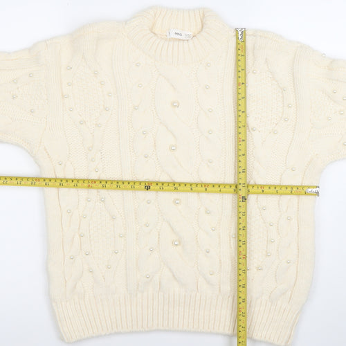 Mango Womens Ivory Cable-Knit Jumper XS Beaded Pearl Detail