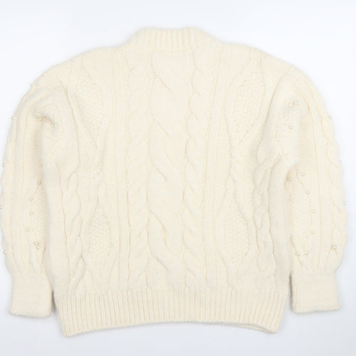 Mango Womens Ivory Cable-Knit Jumper XS Beaded Pearl Detail