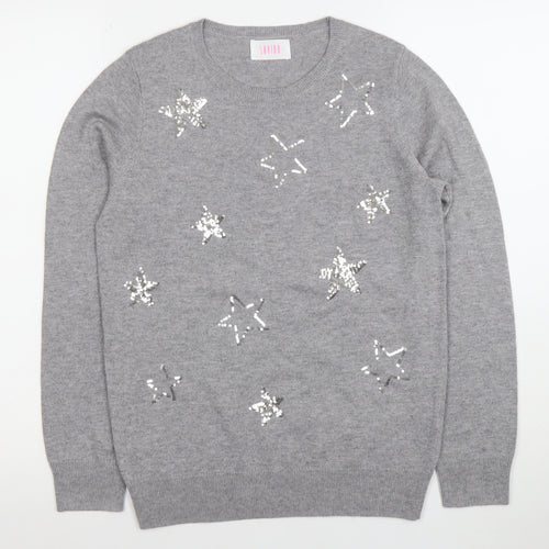 Savida Women's Grey Sequin Star Jumper XS Crew Neck Knit
