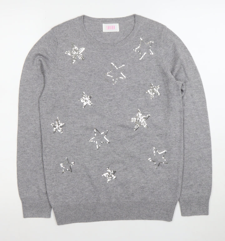 Savida Women's Grey Sequin Star Jumper XS Crew Neck Knit