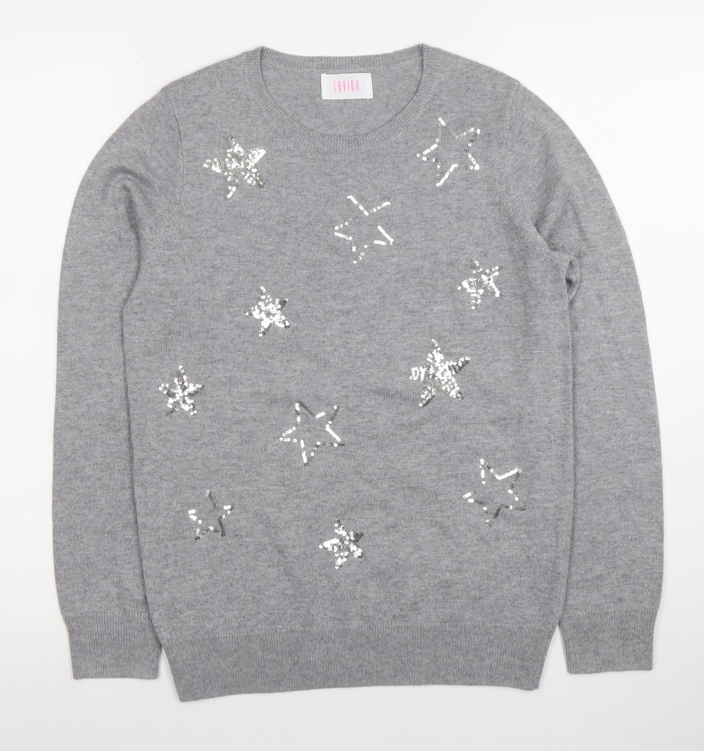 Savida Women's Grey Sequin Star Jumper XS Crew Neck Knit