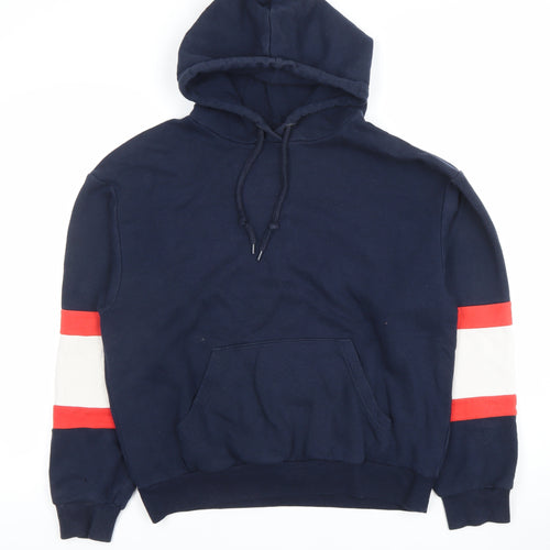 Monki Unisex Blue Small Pullover Hoodie with Red Stripe Sleeves