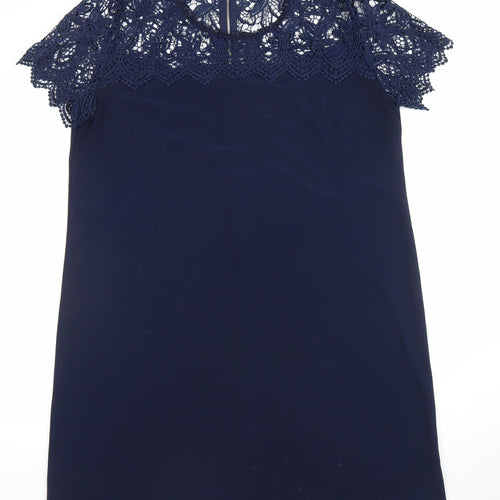 Esqualo Women's Blue Lace Overlay Shift Dress Size 14 Elegant Partywear