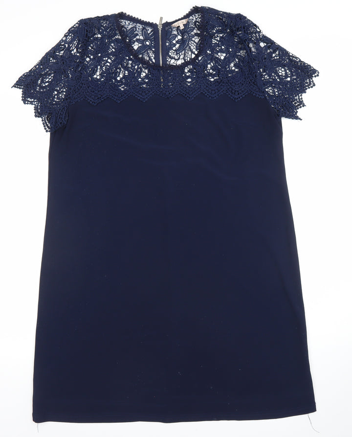 Esqualo Women's Blue Lace Overlay Shift Dress Size 14 Elegant Partywear