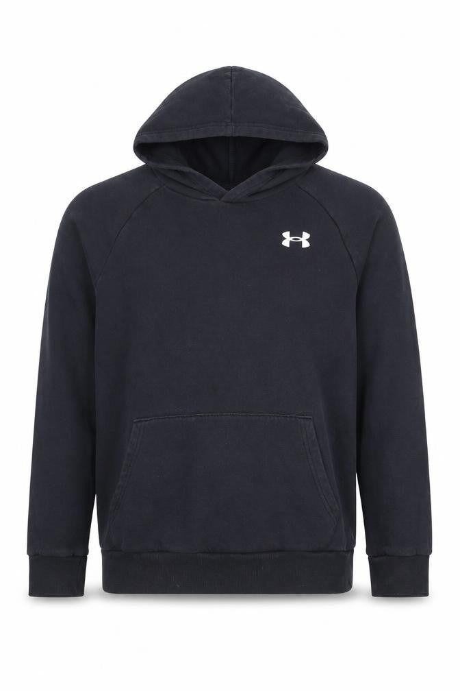 Front view of Under Armour boys’ black pullover hoodie 13-14 years coldgear fleece