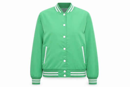 Front view of H&M Divided Women Green Varsity Bomber Jacket, size M, Sunset Valley