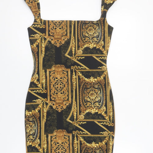PrettyLittleThing Women's Black Gold Baroque Bodycon Dress Size 10