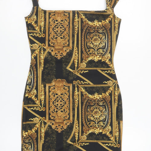 PrettyLittleThing Women's Black Gold Baroque Bodycon Dress Size 10
