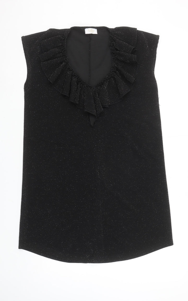 Lokita Milano Women Black M Shift Party Dress Ruffle Glitter Sleeveless