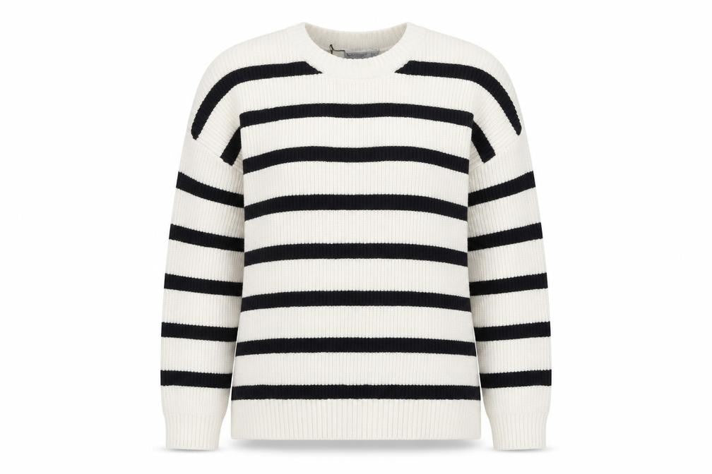 Front view of Stradivarius women’s ivory black stripe knit jumper, size S