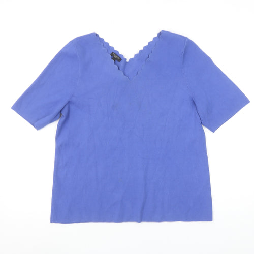 Talbots Women's Blue Petite L V-Neck Cotton Knit Short Sleeve Top