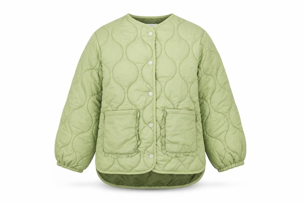 Front view of Leigh Tucker Willow girls’ green quilted ruffle jacket 8-9 years