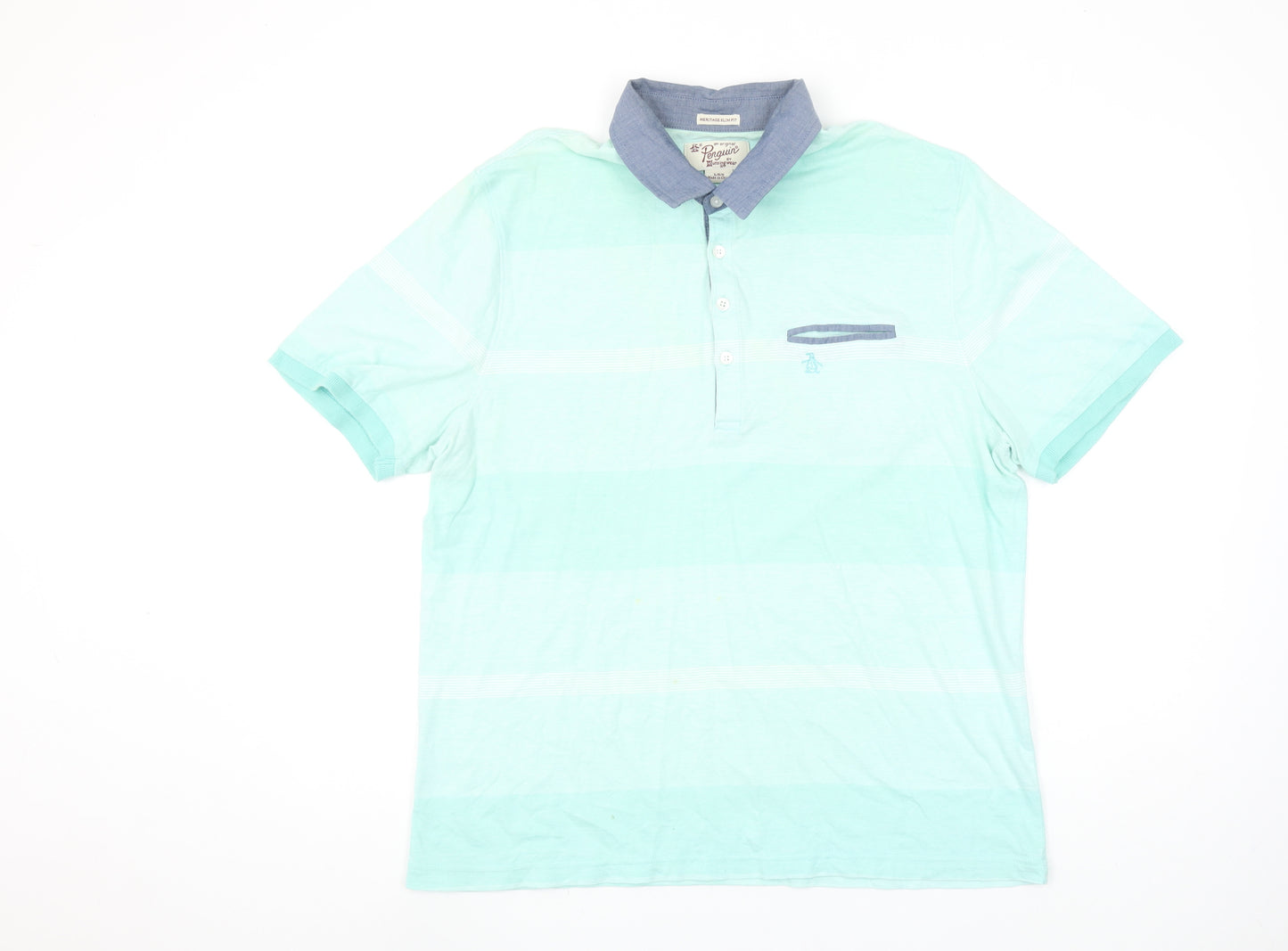 Penguin by Munsingwear Men's Blue Slim Fit Striped Polo Shirt L