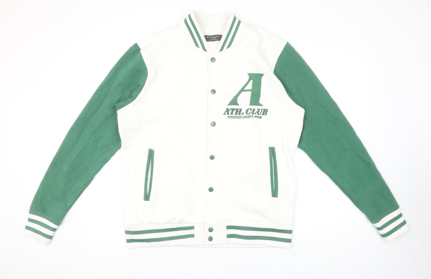 Primark Men’s White Green Varsity Sweatshirt Medium College Style