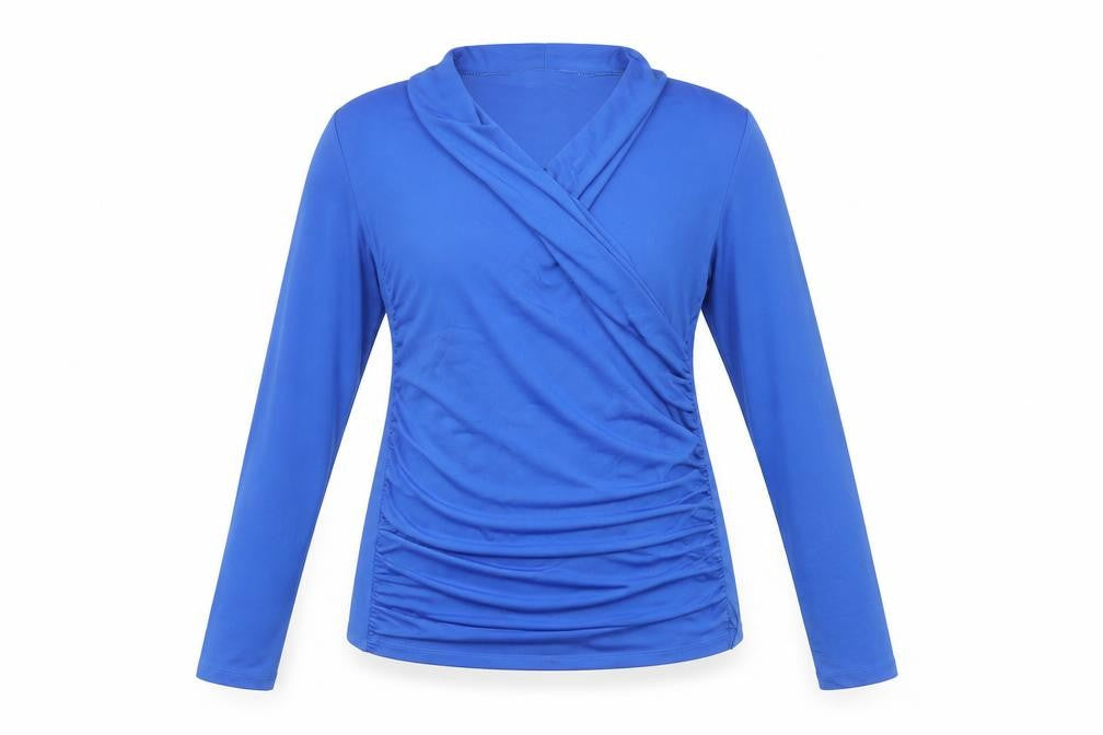 Front view of Gallery Women's Blue Wrap Long Sleeve Blouse UK M
