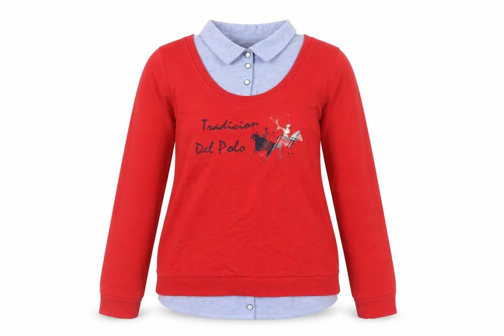 Front view of Twist Women Red Collared Polo Style Long Sleeve Top, size 14