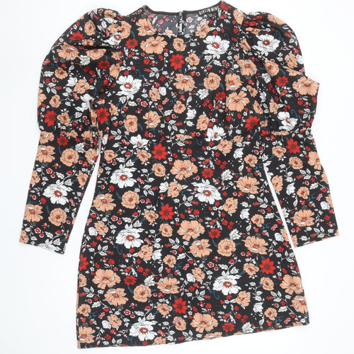 Girl In Mind Women's Black Floral Puff Sleeve Bodycon Dress UK12