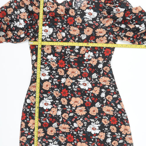 Girl In Mind Women's Black Floral Puff Sleeve Bodycon Dress UK12