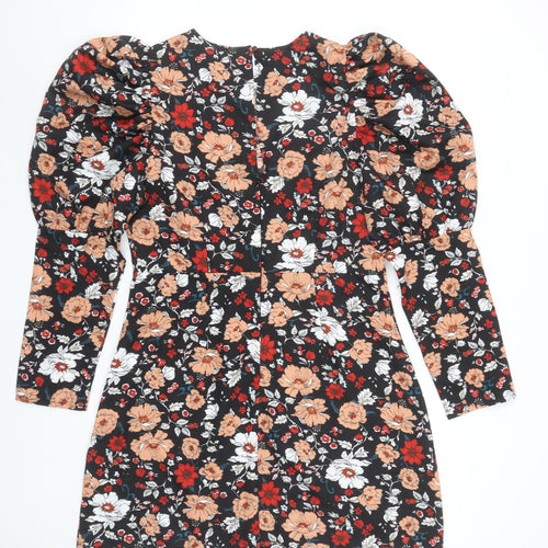 Girl In Mind Women's Black Floral Puff Sleeve Bodycon Dress UK12