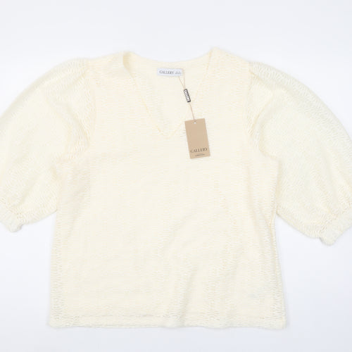 Gallery Women Ivory Lace V-Neck Puff Sleeve Blouse Size M