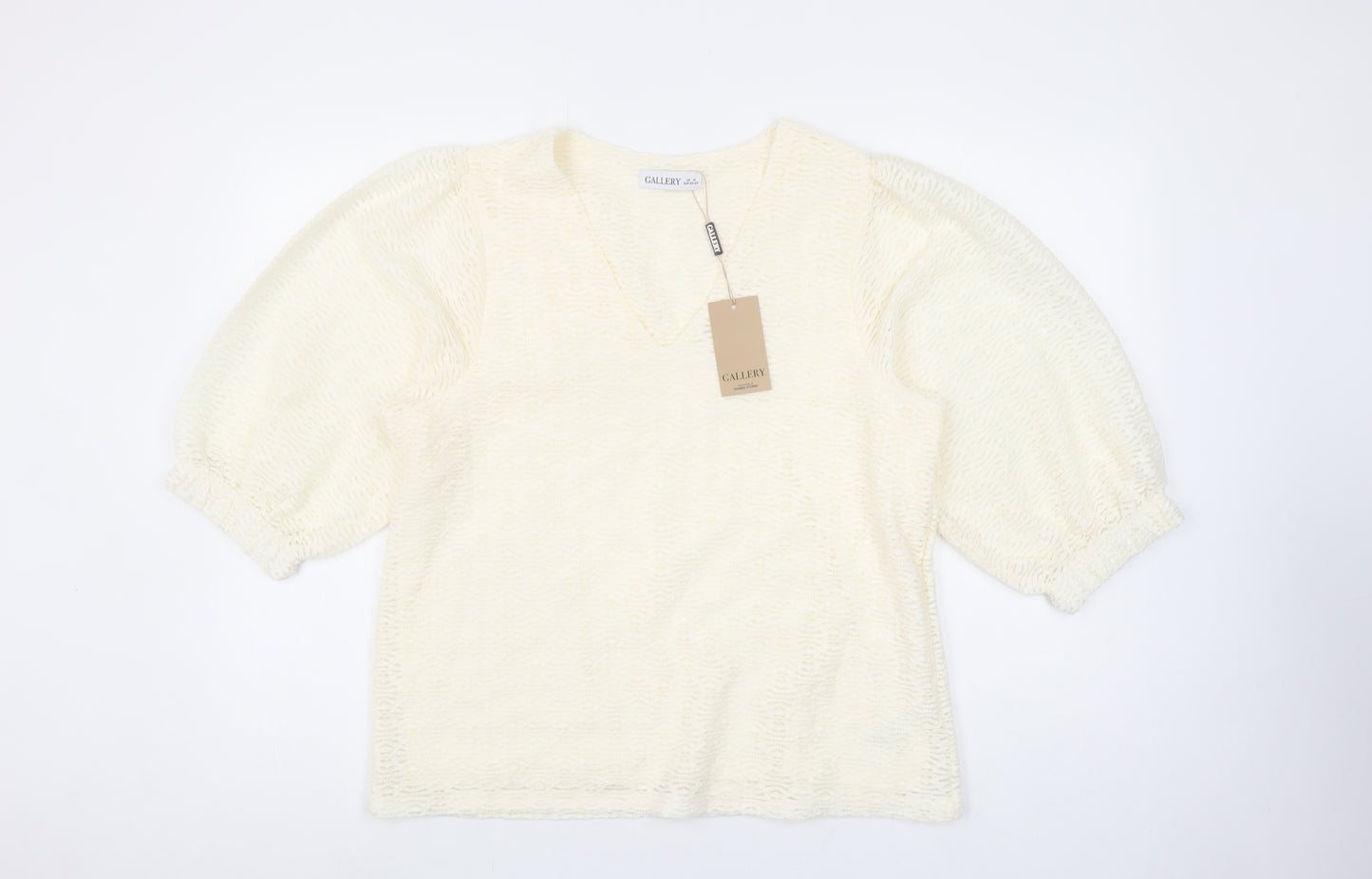 Gallery Women Ivory Lace V-Neck Puff Sleeve Blouse Size M