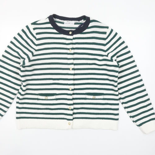 Gallery Womens Green White Striped Cardigan L Knit Button Jumper