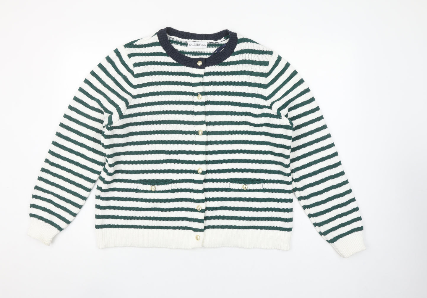 Gallery Womens Green White Striped Cardigan L Knit Button Jumper