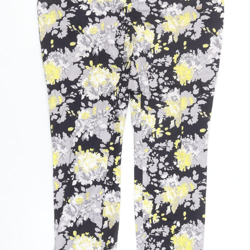 Dunnes Women Floral Print Cropped Trousers Black Yellow Size 10 Cotton Stretch