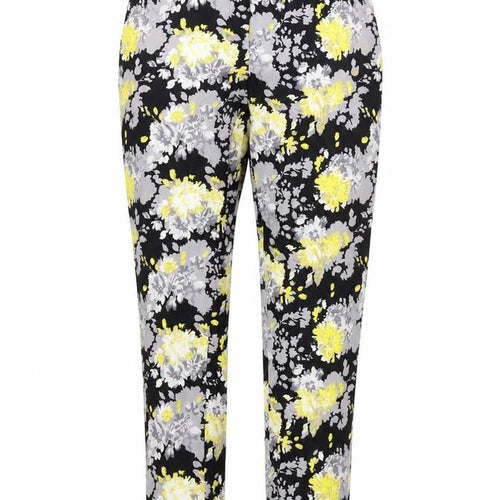 Dunnes Women Floral Print Cropped Trousers Black Yellow Size 10 Cotton Stretch